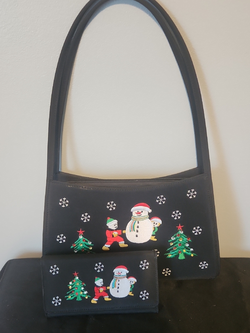 Vintage Sandol Black Holiday Snowman Shoulder Bag with Matching Wallet